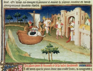 Ms Fr 2810 f.14v, Marco Polo mit Elefanten und Kamelen, die in Hormuz am Persischen Golf aus Indien ankommen, aus dem 